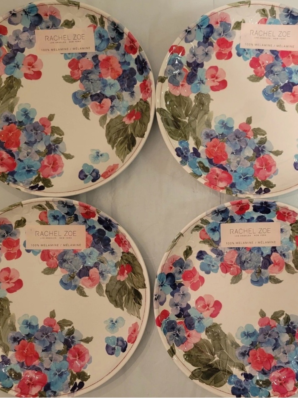 Rachel Zoe Floral Salad Plates 9" Melamine Set of 4 Spring Pansies Flower Blue
